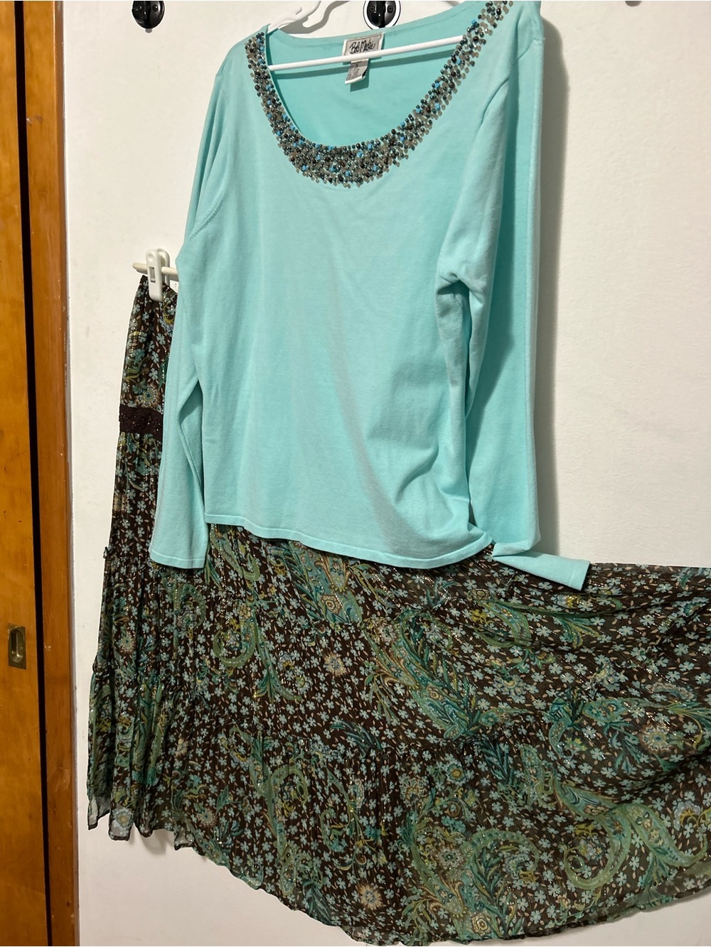 Bob Mackie Mint Embellished Scoop-Neck Top with Silk Brown Paisley Maxi Skirt